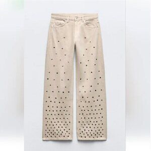Zara Beige Wide Leg Jeans with Studs Mid Rise Size 2 NWT